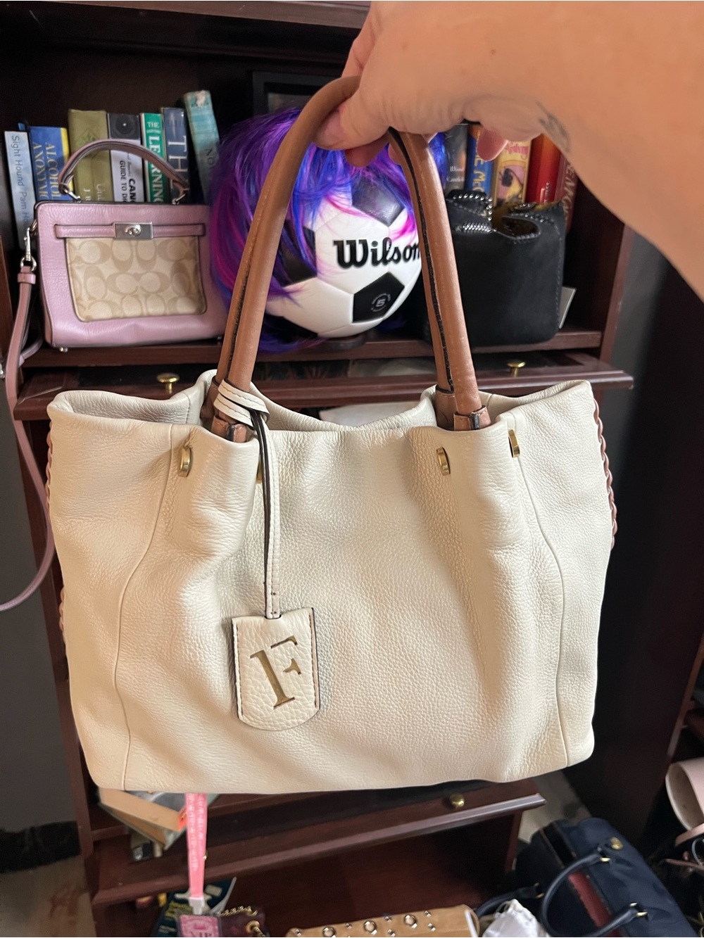 Furla Ivory Whipstitch Leather Tote with Tan Handles - Picture 2 of 10